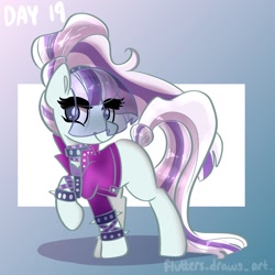 Size: 1080x1080 | Tagged: safe, artist:flutterpawss, imported from derpibooru, coloratura, earth pony, pony, abstract background, choker, clothes, female, inktober 2022, mare, raised hoof, solo, spiked choker, spiked wristband, veil, wristband