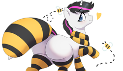 Size: 2066x1200 | Tagged: safe, artist:ahobobo, imported from derpibooru, oc, oc only, oc:quick strike, bee, insect, pony, unicorn, butt, clothes, costume, female, floating heart, heart, mare, plot, simple background, smiling, socks, solo, striped socks, white background