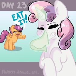 Size: 1080x1080 | Tagged: safe, artist:flutterpawss, imported from derpibooru, scootaloo, sweetie belle, pegasus, pony, unicorn, duo, female, filly, foal, glowing, glowing horn, handkerchief, horn, inktober 2022, magic, nose blowing, pointing, raised hoof, sneezing, telekinesis, tissue, wings