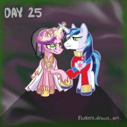 Size: 1080x1080 | Tagged: safe, artist:flutterpawss, imported from derpibooru, princess cadance, queen chrysalis, shining armor, alicorn, pony, unicorn, a canterlot wedding, bad end, brainwashing, clothes, disguise, disguised changeling, dress, duo, eyelashes, female, glowing, glowing horn, holding hooves, hoof shoes, horn, hypnosis, hypnotized, implied queen chrysalis, inktober 2022, male, mare, smiling, stallion, wedding dress