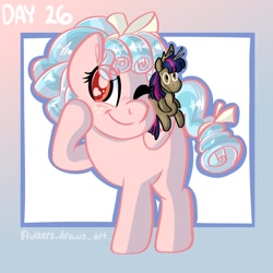 Size: 1080x1080 | Tagged: safe, artist:flutterpawss, imported from derpibooru, cozy glow, pegasus, pony, abstract background, female, filly, foal, freckles, inktober 2022, one eye closed, plushie, smiling, solo, toy, wings, wink