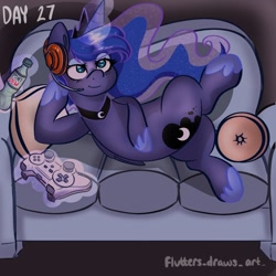 Size: 1080x1080 | Tagged: safe, artist:flutterpawss, imported from derpibooru, princess luna, alicorn, pony, gamer luna, bottle, controller, couch, female, glowing, glowing horn, headset, hoof shoes, horn, inktober 2022, magic, mare, mountain dew, peytral, smiling, solo, telekinesis