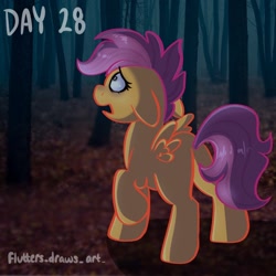 Size: 1080x1080 | Tagged: safe, artist:flutterpawss, imported from derpibooru, scootaloo, pegasus, pony, butt, eyelashes, female, filly, floppy ears, foal, forest, inktober 2022, plot, raised hoof, scared, solo, wings