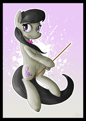 Size: 1024x1449 | Tagged: safe, artist:sketchypon3, imported from derpibooru, octavia melody, earth pony, pony, bow (instrument), deviantart watermark, female, mare, obtrusive watermark, smiling, solo, watermark