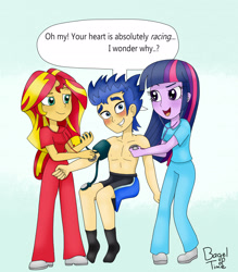 Size: 2173x2477 | Tagged: safe, artist:bageloftime, imported from derpibooru, flash sentry, sunset shimmer, twilight sparkle, human, equestria girls, blushing, checkup, clothes, commission, nurse, nurse shimmer, partial nudity, scrubs (gear), shorts, speech bubble, sphygmomanometer, stethoscope, topless