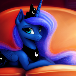 Size: 1024x1024 | Tagged: safe, editor:dovakkins, imported from derpibooru, princess luna, alicorn, pony, ai content, ai generated, couch, crown, cute, female, generator:purplesmart.ai, generator:stable diffusion, jewelry, lunabetes, lying down, missing accessory, prone, regalia, solo
