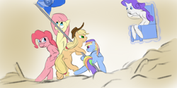 Size: 1366x685 | Tagged: safe, artist:mrabrickwall, imported from derpibooru, applejack, fluttershy, pinkie pie, rainbow dash, rarity, earth pony, pegasus, pony, unicorn, applejack's hat, cowboy hat, female, flag, flag pole, hat, iwo jima, levitation, magic, mare, mouth hold, raising the flag on iwo jima, self-levitation, sitting, telekinesis