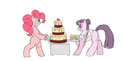 Size: 1366x685 | Tagged: safe, artist:mrabrickwall, imported from derpibooru, pinkie pie, sugar belle, earth pony, pony, unicorn, bipedal, cake, cupcake, duo, female, food, mare, simple background, white background