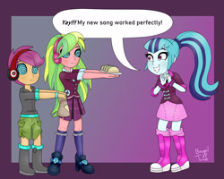 Size: 2444x1960 | Tagged: safe, artist:bageloftime, imported from derpibooru, lemon zest, scootaloo, sonata dusk, human, equestria girls, commission, food, headphones, hypnosis, hypnotized, speech bubble, swirly eyes, taco, takeout, zombie walk