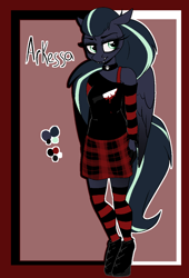 Size: 826x1213 | Tagged: safe, artist:luxsimx, imported from derpibooru, oc, oc only, oc:arkessa, anthro, pegasus, choker, clothes, fangs, female, shoes, socks, solo, striped socks, thigh highs, wings