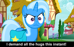 Size: 1920x1223 | Tagged: safe, imported from derpibooru, screencap, trixie, pony, unicorn, student counsel, angry, bag, caption, cs captions, demanding, female, hugs needed, image macro, impatient, mare, ponyville, saddle bag, text, trixie is not amused, unamused