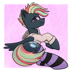 Size: 1544x1544 | Tagged: safe, artist:single purpose, imported from derpibooru, oc, oc only, oc:treading step, pegasus, clothes, hoodie, looking at you, socks, solo, strategically covered, striped socks