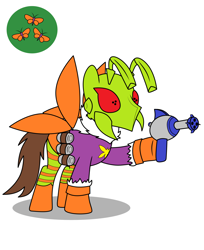 Size: 2160x2650 | Tagged: safe, artist:metal-jacket444, imported from derpibooru, insect, moth, pony, antennae, artificial wings, augmented, batman, belt, boots, cutie mark, dc comics, drury walker, grenades, gun, helmet, killer moth, mask, ponified, ray gun, shoes, simple background, solo, weapon, white background, wings