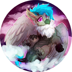 Size: 851x848 | Tagged: safe, artist:tiothebeetle, imported from derpibooru, oc, oc only, oc:fluffy (the griffon), dragon, griffon, hybrid, avatar, cloud, dragoness, female, paw pads, paws, smiling, solo, spread wings, sunset, toe beans, underpaw, wings