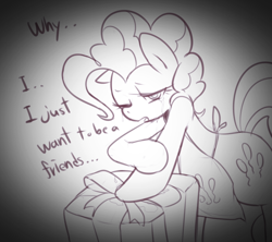 Size: 1000x887 | Tagged: safe, artist:maren, imported from derpibooru, pinkie pie, earth pony, pony, 2013, apron, clothes, crying, dialogue, doodle, engrish, female, g4, leaning, looking at you, mare, old art, one eye closed, present, sad, solo