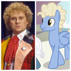 Size: 2880x2880 | Tagged: safe, imported from derpibooru, chain letter (character), well-wisher, human, pegasus, pony, background pony, comparison, doctor who, male, sixth doctor, stallion