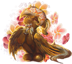 Size: 577x510 | Tagged: safe, artist:tiothebeetle, imported from derpibooru, oc, oc only, oc:coffee creme, bird, fletchling, pegasus, female, floral head wreath, flower, glasses, hug, lei, lowres, painting, plumeria (flower), pokémon, simple background, smiling, solo, transparent background