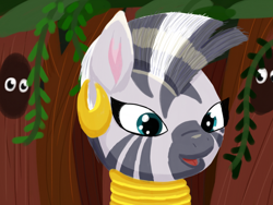 Size: 2048x1536 | Tagged: safe, artist:the crystal artist, derpibooru exclusive, imported from derpibooru, zecora, zebra, cute, digital art, ear piercing, female, forest, happy, hole, hollow in tree, jewelry, lineless, looking at you, mare, neck rings, open mouth, piercing, plant, shading, smiling, solo, tree, vine, wingding eyes