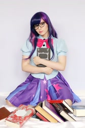 Size: 1365x2048 | Tagged: safe, imported from derpibooru, twilight sparkle, human, equestria girls, book, clothes, cosplay, costume, glasses, irl, irl human, photo, solo