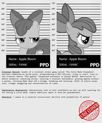 Size: 910x1100 | Tagged: safe, artist:dan232323, imported from derpibooru, apple bloom, pony, implied babs seed, implied cutie mark crusaders, implied granny smith, my little criminal records