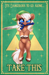 Size: 3300x5100 | Tagged: safe, artist:confetticakez, imported from derpibooru, earth pony, pony, cute, epona, eponadorable, female, hat, it's dangerous to go alone, looking at you, mare, markings, master sword, mouth hold, ponified, solo, sword, the legend of zelda, unshorn fetlocks, weapon