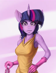Size: 2926x3799 | Tagged: artist needed, source needed, safe, imported from twibooru, twilight sparkle, anthro, abstract background, apron, bemused, clothes, ear fluff, female, gloves, hand on hip, holding, horn, image, looking at you, multicolored hair, needs more jpeg, purple eyes, purple skin, solo, tanktop
