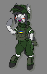 Size: 720x1133 | Tagged: safe, artist:zebra, edit, editor:zielona gora, imported from derpibooru, oc, oc:zastava, semi-anthro, zebra, clothes, gray background, image, military uniform, png, simple background, solo, ukraine flag, uniform