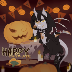 Size: 1920x1920 | Tagged: safe, artist:emperor-anri, imported from derpibooru, oc, oc only, pony, candle, choker, commission, halloween, holiday, jack-o-lantern, knife, pumpkin, smiling, smirk, solo, spiked choker, ych result