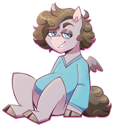 Size: 1190x1319 | Tagged: safe, artist:eggoatt, imported from twibooru, oc, oc only, unnamed oc, pegasus, pony, belly, clothes, cloven hooves, eyebrows, female, grin, image, lidded eyes, mare, png, simple background, sitting, smiling, solo, sweater, transparent background