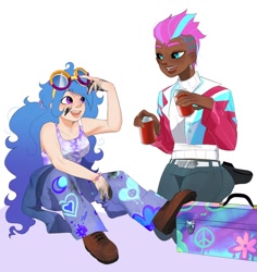 Size: 1131x1199 | Tagged: safe, artist:aztrial, imported from derpibooru, izzy moonbow, zipp storm, human, adorazipp, belt, boots, bracelet, can, clothes, cute, dark skin, denim, dirty, duo, ear piercing, earring, female, g5, goggles, humanized, izzybetes, jacket, jeans, jewelry, kneeling, mechanic, oil, open mouth, pants, piercing, shirt, shoes, simple background, sitting, soda, soda can, tanktop, toolbox, white background