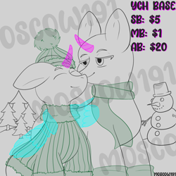 Size: 1500x1500 | Tagged: safe, imported from derpibooru, oc, clothes, commission, couple, cute, scarf, snowman, tree, your character here