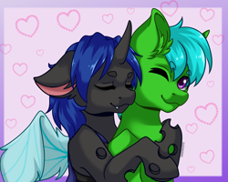 Size: 2700x2160 | Tagged: safe, artist:kooky, imported from derpibooru, oc, oc:green byte, oc:swift dawn, changeling, pony, unicorn, changeling oc, commission, cute, duo, ear fluff, eye clipping through hair, eyebrows, eyebrows visible through hair, eyes closed, fangs, heart, horn, hug, looking at you, male, one eye closed, pink background, simple background, smiling, stallion, unicorn oc, wings, wink, winking at you, ych result