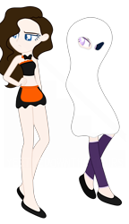 Size: 2785x4832 | Tagged: safe, artist:stryapastylebases, artist:yeetmedownthestairs, imported from derpibooru, oc, oc only, oc:krissy, oc:trix, ghost, human, undead, bedsheet ghost, bowtie, clothes, commission, costume, dress, duo, female, flats, halloween, halloween costume, holiday, humanized, humanized oc, maid, pants, shoes, simple background, skirt, socks, transparent background