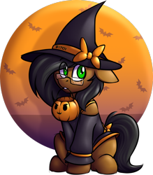 Size: 986x1128 | Tagged: safe, artist:notetaker, imported from derpibooru, oc, oc only, oc:notetaker, bat, earth pony, pony, bow, hat, pumpkin bucket, simple background, solo, transparent background, vulgar, witch hat