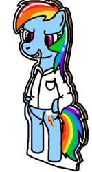 Size: 268x500 | Tagged: safe, artist:mudkip91/tetrahedron, imported from derpibooru, rainbow dash, pegasus, pony, semi-anthro, fanfic:rainbow factory, bipedal, cardboard cutout, clothes, digital art, evil grin, fanfic art, grin, lab coat, rainbow factory dash, shine, smiling