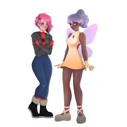 Size: 2000x2000 | Tagged: safe, artist:laianeart, imported from derpibooru, oc, oc only, oc:iris breeze, oc:lilac, fairy, human, bare shoulders, blushing, boots, clothes, cold, cosplay, costume, dark skin, dress, duo, female, flats, gloves, gritted teeth, halloween, halloween costume, holiday, humanized, humanized oc, jacket, lesbian, looking at each other, looking at someone, marvel, oc x oc, shipping, shivering, shoes, simple background, sleeveless, spider-man, teeth, transparent background