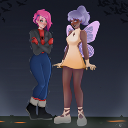 Size: 2000x2000 | Tagged: safe, artist:laianeart, imported from derpibooru, oc, oc only, oc:iris breeze, oc:lilac, bird, fairy, human, blushing, boots, clothes, cold, cosplay, costume, dark skin, dress, duo, female, flats, gloves, grass, gritted teeth, halloween, halloween costume, holiday, humanized, humanized oc, jacket, lesbian, looking at each other, looking at someone, marvel, night, oc x oc, road, shipping, shivering, shoes, spider-man, teeth
