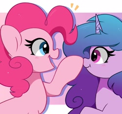 Size: 1904x1773 | Tagged: safe, artist:kittyrosie, imported from derpibooru, izzy moonbow, pinkie pie, earth pony, pony, unicorn, blushing, boop, curly hair, cute, diapinkes, duo, female, g4, g5, izzy and her heroine, izzybetes, looking at each other, looking at someone, mare, open mouth