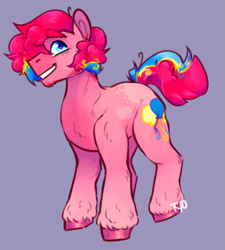 Size: 735x817 | Tagged: safe, artist:tyotheartist1, imported from derpibooru, pinkie pie, earth pony, pony, beard, bubble berry, facial hair, male, multicolored hair, multicolored mane, multicolored tail, rule 63, shading, simple background, solo, spots, stallion, tail, unshorn fetlocks