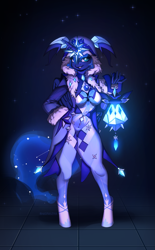 Size: 1181x1903 | Tagged: safe, artist:sugarstar, imported from derpibooru, princess luna, anthro, unguligrade anthro, breasts, clothes, collaboration, collaboration:nightmare night event (2022), cosplay, costume, fatui cryo cicin mage (genshin impact), female, genshin impact, horn, looking at you, smiling, solo, wings