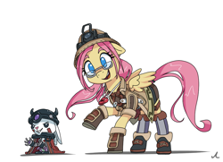 Size: 5400x3905 | Tagged: safe, artist:docwario, imported from derpibooru, angel bunny, fluttershy, pegasus, pony, rabbit, animal, anime, boots, clothes, cosplay, costume, crossover, cute, female, fluttober, glasses, gloves, helmet, made in abyss, mare, reg (made in abyss), riko, shirt, shoes, shorts, shyabetes, simple background, socks, solo, stockings, t-shirt, thigh highs, white background