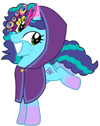 Size: 5445x6841 | Tagged: safe, artist:ejlightning007arts, imported from derpibooru, pony, unicorn, spoiler:g5, spoiler:my little pony: tell your tale, spoiler:tyts01e30, base used, cloak, clothes, coat markings, costume, dancing, fake cutie mark, female, freckles, g4, g5, g5 to g4, generation leap, leaping, looking up, mare, mask, misty brightdawn, my little pony: tell your tale, nightmare night, nightmare night costume, nightmare night party, on front legs, simple background, smiling, socks (coat markings), solo, transparent background