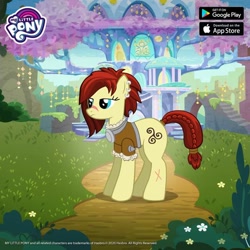 Size: 720x720 | Tagged: safe, idw, imported from derpibooru, steela oresdotter, earth pony, pony, braid, braided tail, clothes, female, gameloft, idw showified, mare, mighty helm, scar, solo, tail, tree, treehouse of harmony, triskelion