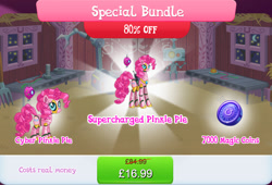 Size: 1263x860 | Tagged: safe, imported from derpibooru, pinkie pie, earth pony, pony, robot, robot pony, antennae, barn, bundle, camera, costs real money, duality, english, female, gameloft, gem, height difference, magic coins, mare, numbers, official, pinkie bot, roboticization, sale, solo, solo focus, text