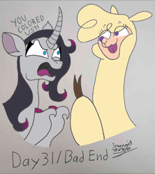 Size: 1330x1500 | Tagged: safe, artist:kysvil_xoxo, artist:spoopygirl, imported from derpibooru, alpaca, unicorn, them's fightin' herds, cloven hooves, community related, curved horn, digitally colored, duo, horn, lineart, oleander (tfh), paprika (tfh), ponytober, ponytober 2022, traditional art, unshorn fetlocks