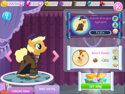 Size: 2048x1536 | Tagged: safe, imported from derpibooru, applejack, smart cookie, earth pony, pony, 3d, 3d model, alternate hairstyle, clothes, coin, female, gameloft, gem, hat, mare, official, short mane, short tail, tail