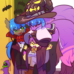 Size: 1024x1024 | Tagged: safe, artist:ninebuttom, imported from derpibooru, oc, bat pony, fox, undead, vampire, clothes, costume, halloween, halloween costume, hat, holiday, witch, witch hat