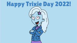 Size: 1036x582 | Tagged: safe, artist:xxsteamboy, imported from derpibooru, trixie, human, equestria girls, blue background, cyan background, goanimate, simple background, solo, trixie day