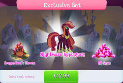 Size: 1264x856 | Tagged: safe, imported from derpibooru, applejack, earth pony, pony, armor, bundle, bush, costs real money, crystal empire, english, evil, female, gameloft, gem, hair tie, hatless, hoof shoes, jewelry, mare, missing accessory, mobile game, my little pony: magic princess, nightmare applejack, nightmarified, numbers, official, regalia, sale, solo, solo focus, tail, tail wrap, text, throne