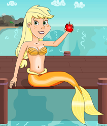 Size: 1426x1688 | Tagged: safe, artist:ocean lover, imported from derpibooru, applejack, human, mermaid, apple, bare shoulders, beach, beautiful, belly button, blonde, blonde hair, bra, breasts, cleavage, cloud, curvy, disney style, female, fins, fish tail, food, freckles, fruit, green eyes, hand, hill, hourglass figure, human coloration, humanized, land, lips, looking at you, mermaid tail, mermaidized, midriff, ocean, orange tail, outdoors, pier, sand, seashell bra, sitting, sky, smiling, smiling at you, solo, species swap, tail, tail fin, teeth, tree, water, wave, wet, wet tail, wood, wooden floor